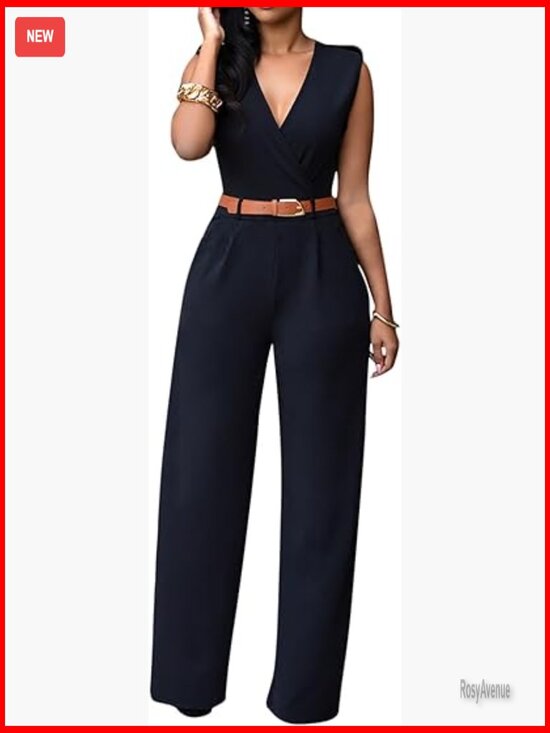 Pants - Wide Leg V Neck Sleeveless Jumpsuit with Belt Pockets Business Casual